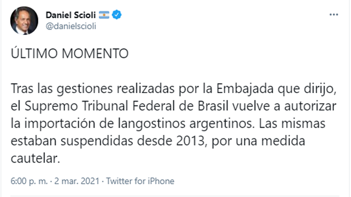 Argentina volverá a exportar langostinos a Brasil