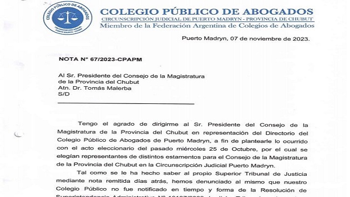 El Colegio de Abogados de Madryn denunció irregularidades en la selección de integrantes para el Consejo de la Magistratura
